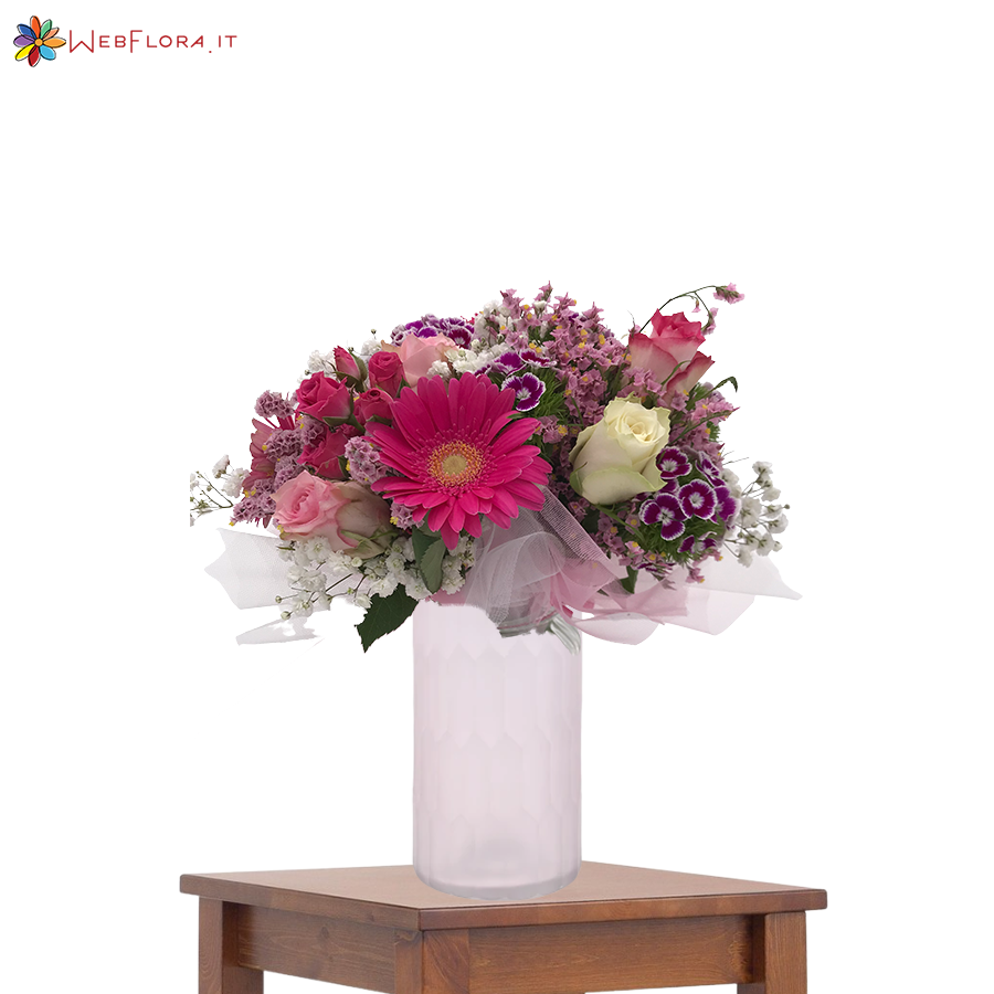 Bouquet Garofanini Rose Bianche e Rosa Gerbere Gypsophila