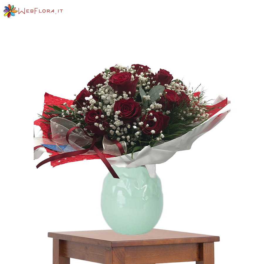 18 Rose Rosse con Gypsophila