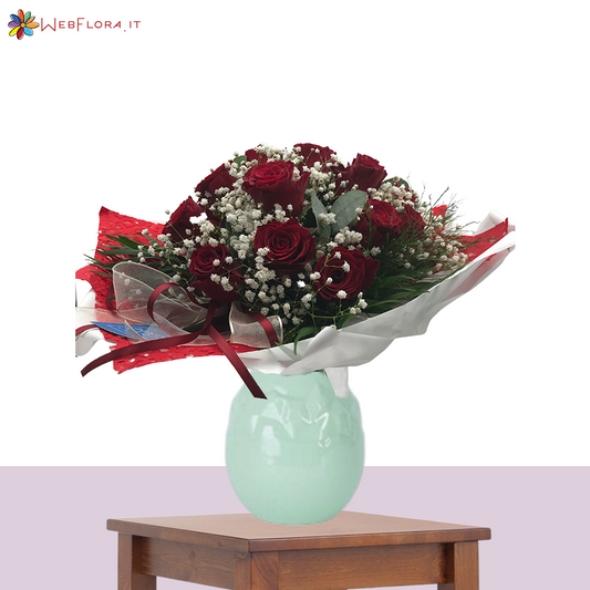 18 Rose Rosse con Gypsophila