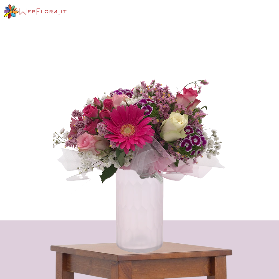 Bouquet Garofanini Rose Bianche e Rosa Gerbere Gypsophila