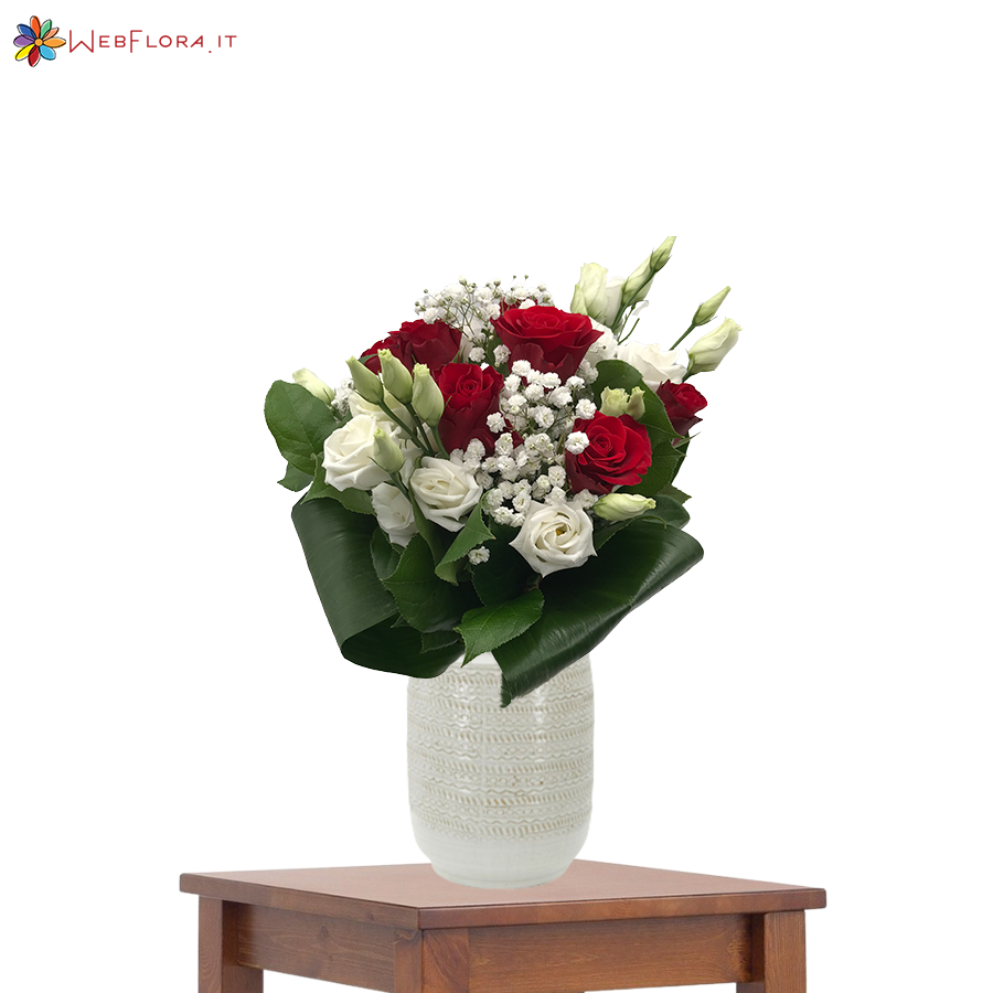 Bouquet Rose Rosse e Bianche Gypsophila Lisianthus