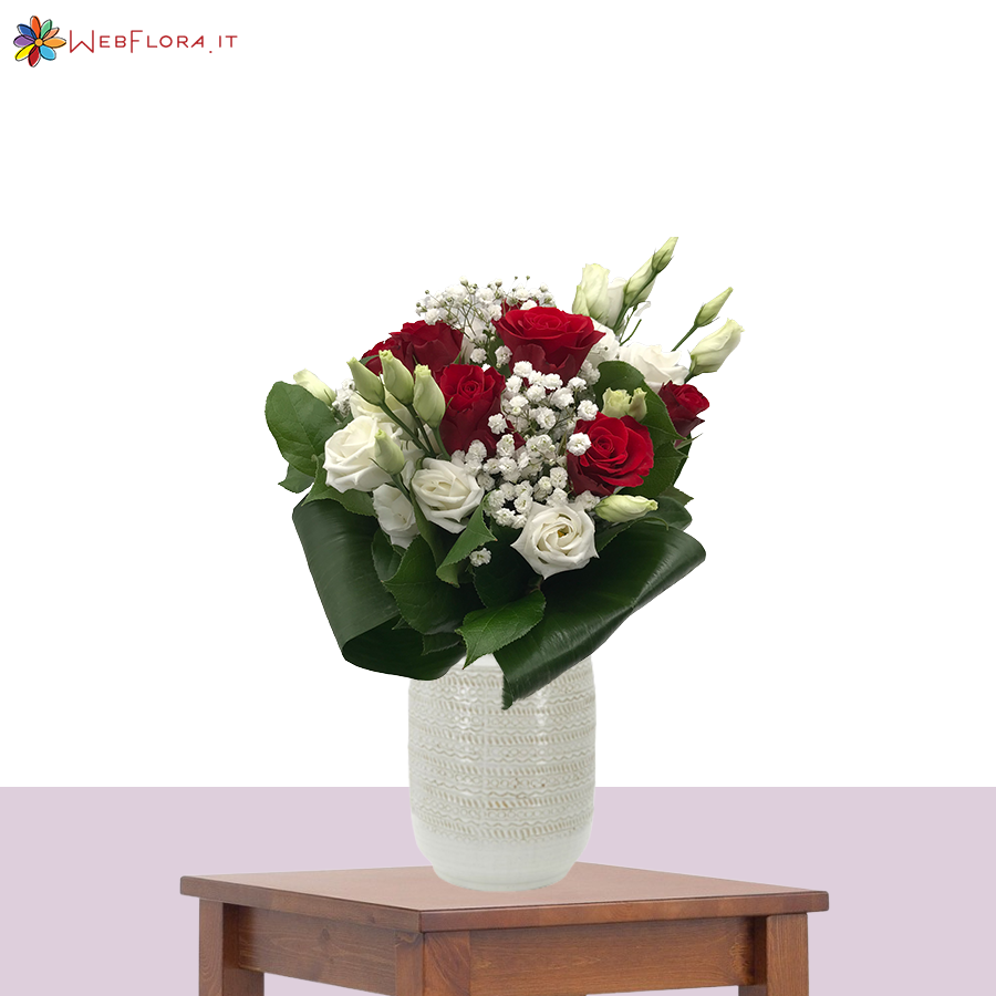 Bouquet Rose Rosse e Bianche Gypsophila Lisianthus